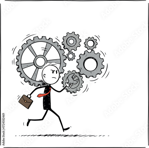 Businessman running with gears representing business challenges and stress.