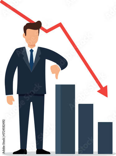 Businessman showing decline with graph and downward trend.