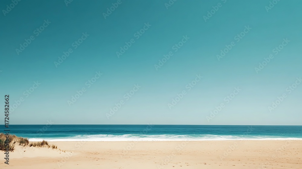 Obraz premium Serene beach scene with vast turquoise ocean meeting golden sand with clear blue sky for peaceful tranquil scenic natural landscape relaxing serene tropical outdoor beauty concept