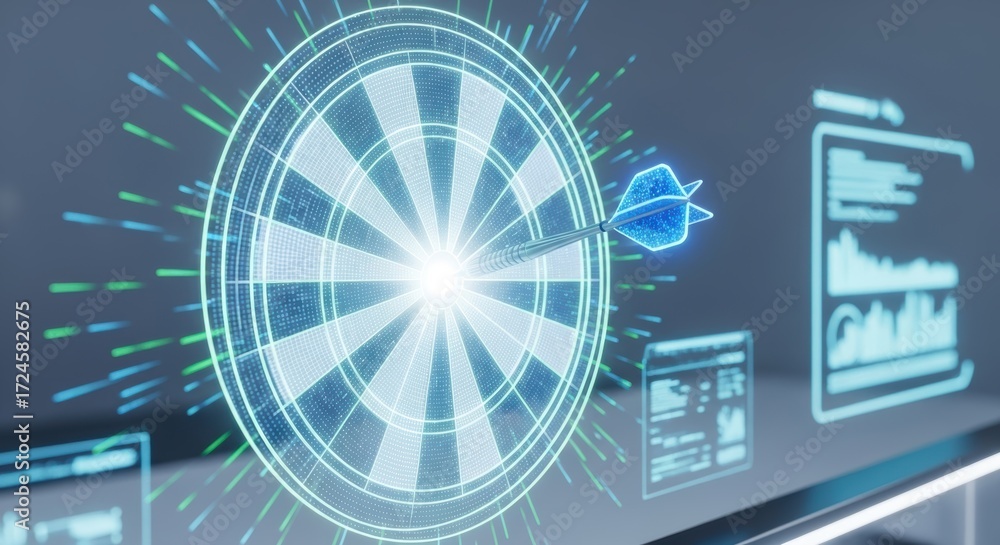 Obraz premium A glowing dartboard with a dart hitting the bullseye surrounded by digital data visualizations