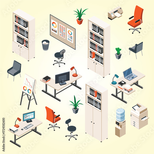 Isometric Style Detailed Office Furniture and Equipment Illustration on Light Background