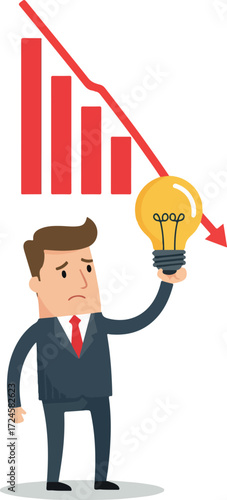 Businessman with idea bulb facing financial crisis and declining graph.