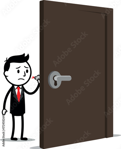 Businessman with key trying to open the door looking sad and frustrated.