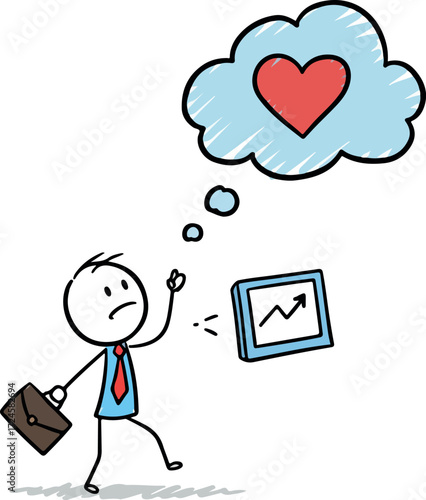 Businessmans conflicting thoughts between love and business aspirations.