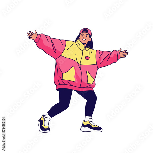 2D flat vector illustration of a gilpy teenage girl in oversized jacket and sneakers, striking a hip hop pop dance pose with bent knees and open arms.