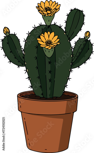 Cactus in a pot with yellow flowers a vibrant desert plant illustration.
