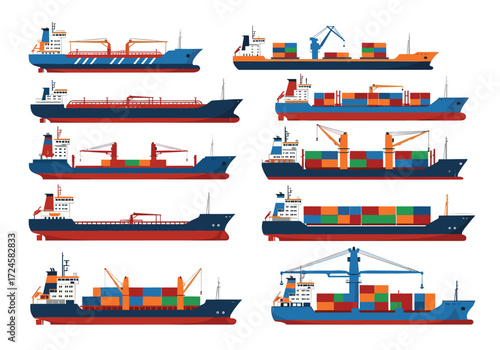 Collection of various types of cargo ships illustrating global trade and maritime logistics.