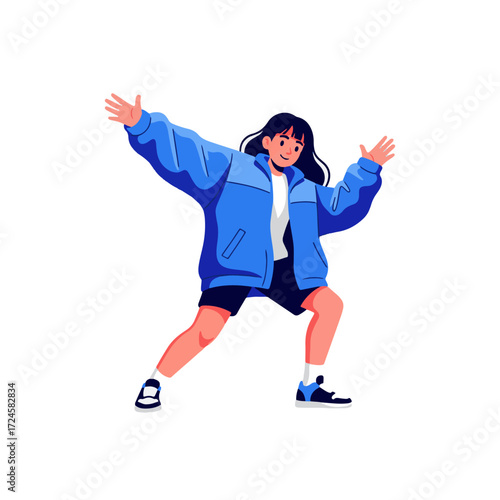 2D flat vector illustration of a gilpy teenage girl in oversized jacket and sneakers, striking a hip hop pop dance pose with bent knees and open arms.