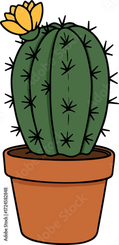 Cactus in a pot with a yellow flower green plant.