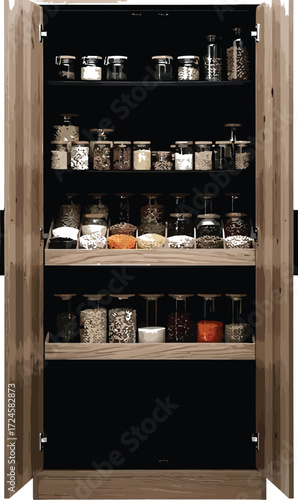 Wooden pantry cabinet with glass jars filled with dry goods, storage