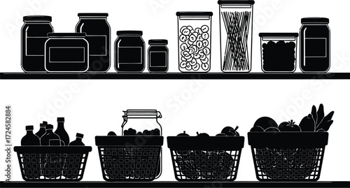 Pantry shelves with jars, bottles, and baskets