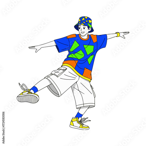 2D flat vector illustration of a gilpy teenage boy in streetwear, bucket hat and baggy shorts, performing a kick step hip hop move with one leg 