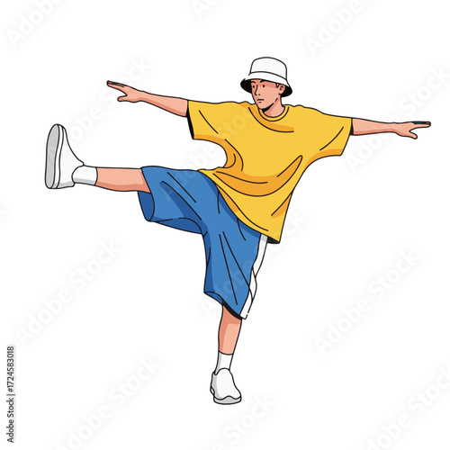 2D flat vector illustration of a gilpy teenage boy in streetwear, bucket hat and baggy shorts, performing a kick step hip hop move with one leg 