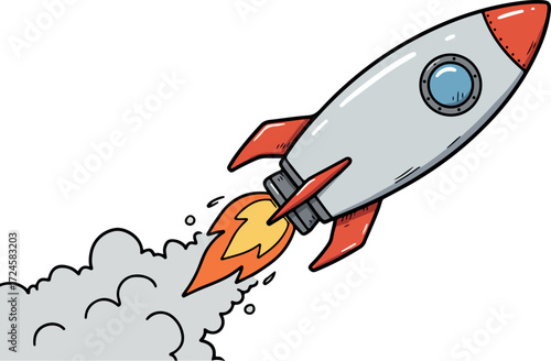 Cartoon rocket ship blasting off into space with smoke and fire.