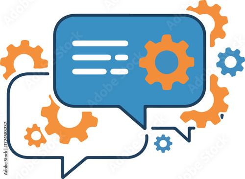 Chat bubble with gears representing communication and settings for technical discussions.