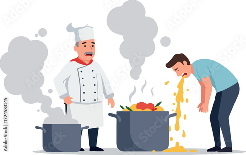 Chefs culinary disaster a man vomits after eating the food.