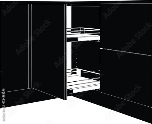 Open black kitchen cabinet with pull-out shelving, modern storage solution