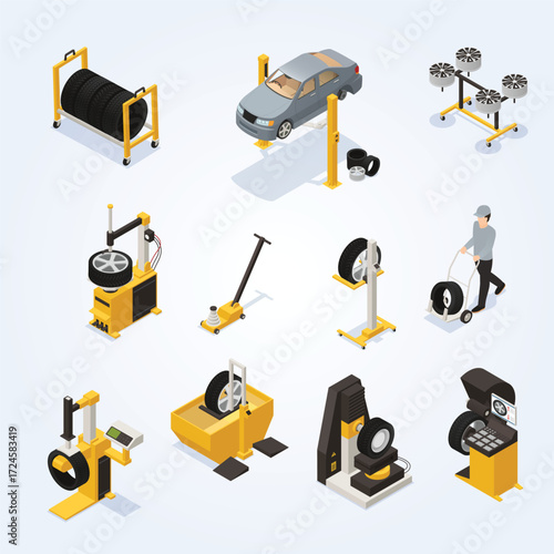 Isometric Flat Style Tire Repairing Process with Equipment and Car Illustration
