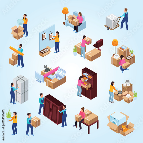 Isometric Style Family Relocation and Moving Process Illustration Concept
