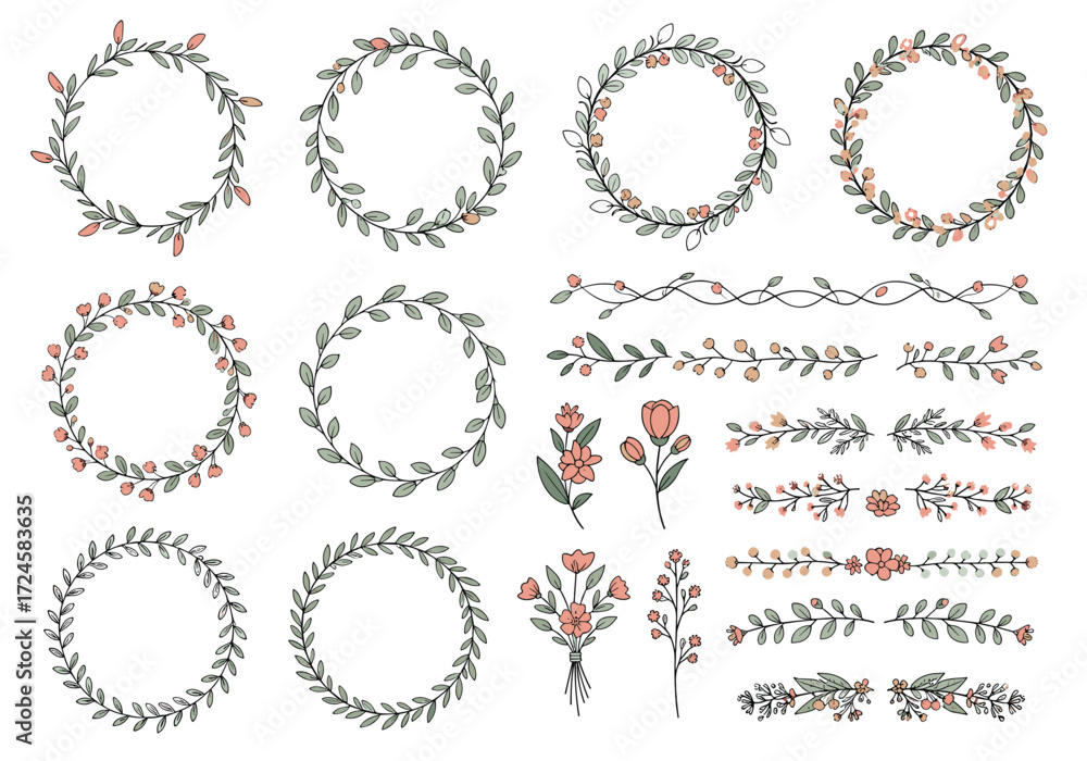 Fototapeta premium A collection of delicate floral wreaths and botanical borders.
