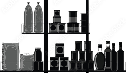 Stocked pantry shelves with food supplies, bottles, and canned goods