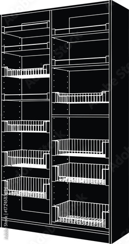 Open pantry cabinet with wire baskets, kitchen storage organization system