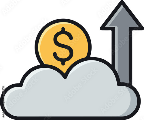 Cloud computing financial growth with dollar sign and upward arrow.
