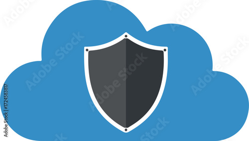 Cloud security concept with a shield protecting data storage.