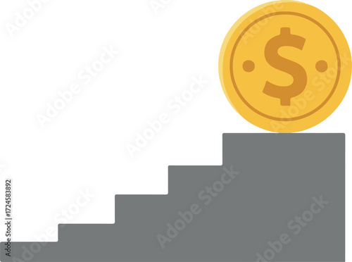 Coin on top of stairs representing financial growth and success.