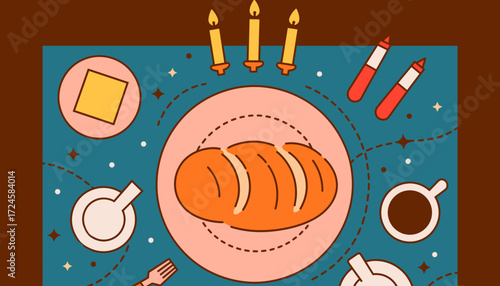 Festive solstice table with bread and candles, warm evening ambiance