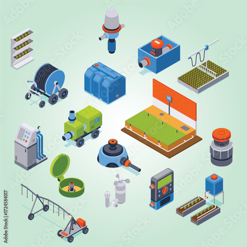 Isometric Farming Irrigation System Elements Detailed Agriculture Technology Modern Collection