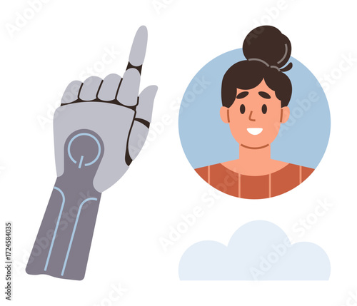 Robotic hand pointing near human portrait within circular frame and floating cloud. Ideal for artificial intelligence, technology, innovation, robotics, human-machine interaction, cloud computing