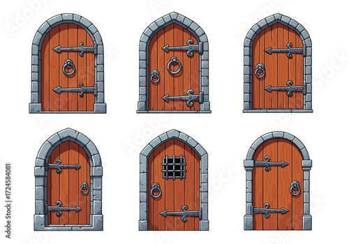 Collection of pixel art medieval wooden doors with ornate hardware and stone frames.