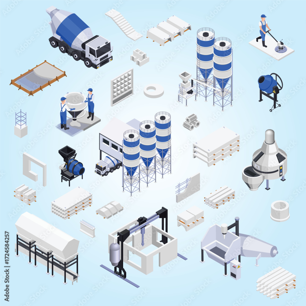 Naklejka premium Isometric Concrete Production Industry Equipment and Material Set for Construction Project