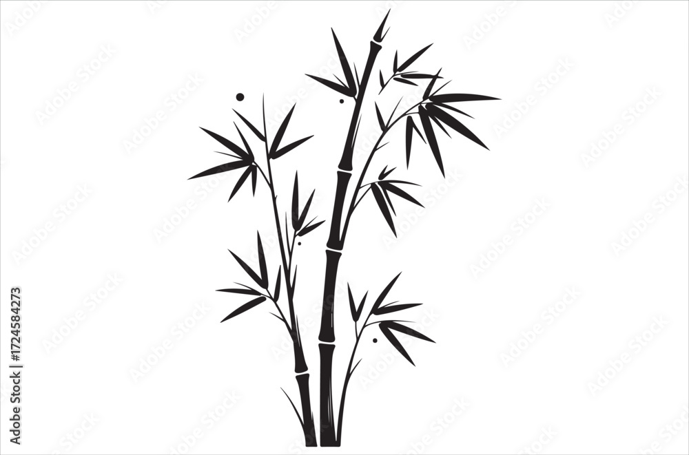 Obraz premium Bamboo silhouettes vector illustration, traditional Asian plant design, black bamboo stalks and leaves, natural tropical element, decorative eco friendly bamboo bundle icons on white background