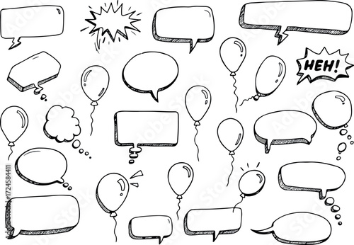 Collection of hand drawn speech bubbles and balloons for communication.