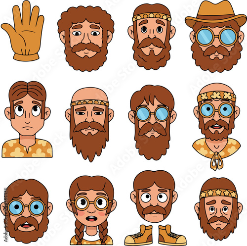 Collection of illustrated hippie faces with various hairstyles and accessories.