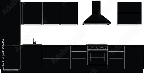 Modern kitchen silhouette with cabinets, sink, oven