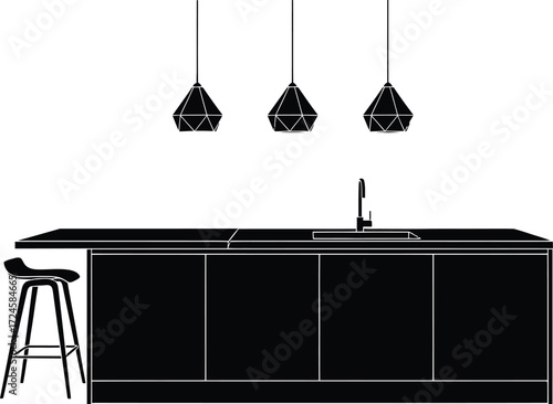 Minimalist kitchen island with stool and pendant lights, modern design