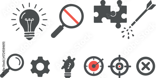 Collection of various icons representing ideas solutions and targets.