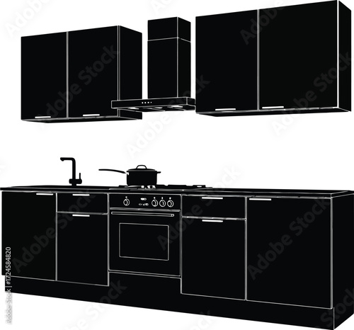 Modern kitchen furniture with cabinets, stove, sink