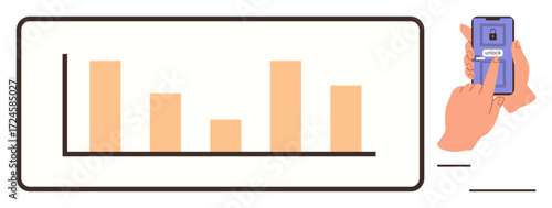Bar graph visualization with varying column heights beside a hand unlocking a phone via touchscreen. Ideal for data security, analytics, comparison, technology interface, user experience, efficiency