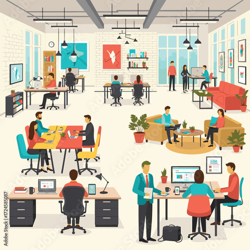 Diverse group of professionals collaborating and working in a modern, open-plan office environment with various workstations and meeting areas.