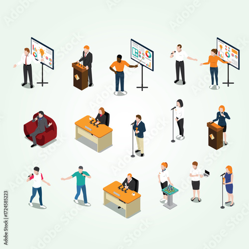 Isometric Diverse Group of Presenters Giving Speech or Presentation Illustration
