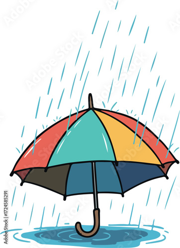 Colorful umbrella protects from rain in a wet weather scene.