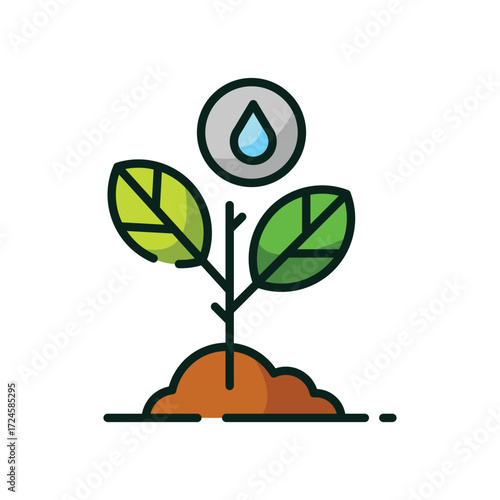 Illustration of a plant growing from the soil with a water droplet icon above