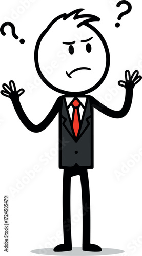 Confused businessman with question marks expressing uncertainty and doubt.