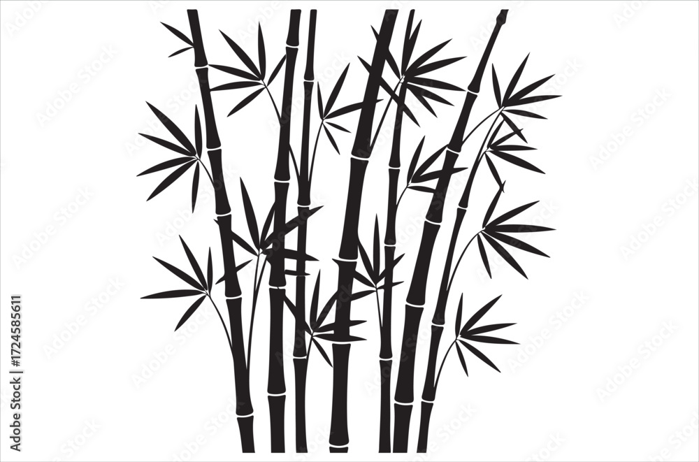 Obraz premium Bamboo silhouettes vector illustration, traditional Asian plant design, black bamboo stalks and leaves, natural tropical element, decorative eco friendly bamboo bundle icons on white background