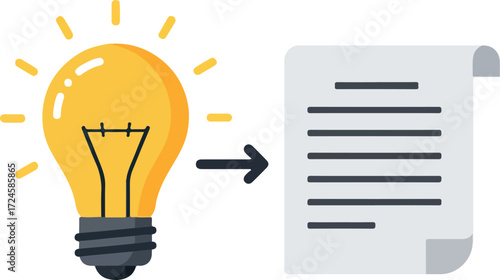 Creative idea generation process from lightbulb to document concept.
