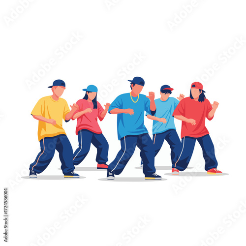 2D flat vector illustration of teenage characters performing coordinated hip hop street dance routine in open square, expressive poses with baggy pants and caps